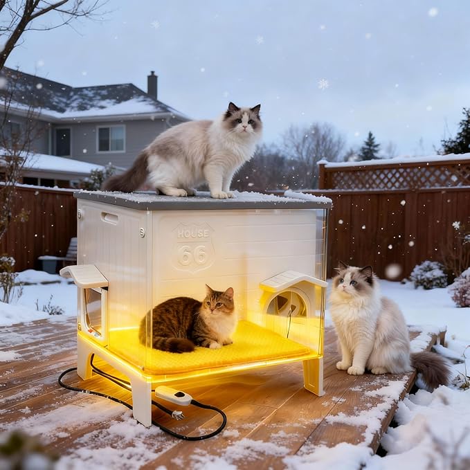 Weatherproof Outdoor Heated Cat House for Feral Cat, Plastic Elevated Cat Shelter with Escape Door, Easy Assemble, Expansive Interior‌ Grey Large 27.0" L x 27.0" W x 21.0" H