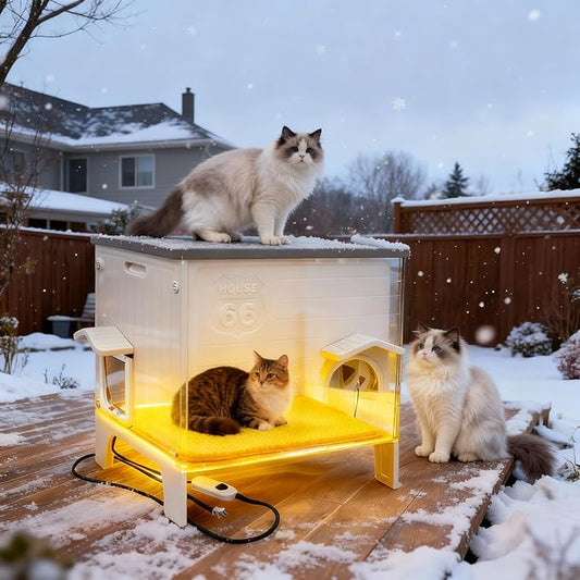 Weatherproof Outdoor Heated Cat House for Feral Cat, Plastic Elevated Cat Shelter with Escape Door, Easy Assemble, Expansive Interior‌ Grey Large 27.0" L x 27.0" W x 21.0" H