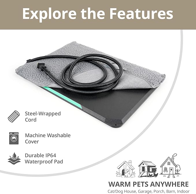 Outdoor Heated Pad for Small Animals, Anti-Bite & Waterproof Cat Heating Pad, Indoor Pet Warmer for Cat Houses/Rabbit Hutches/Chick Brooders in Extreme Weather, 16.5" x 11.8", 35 Watts
