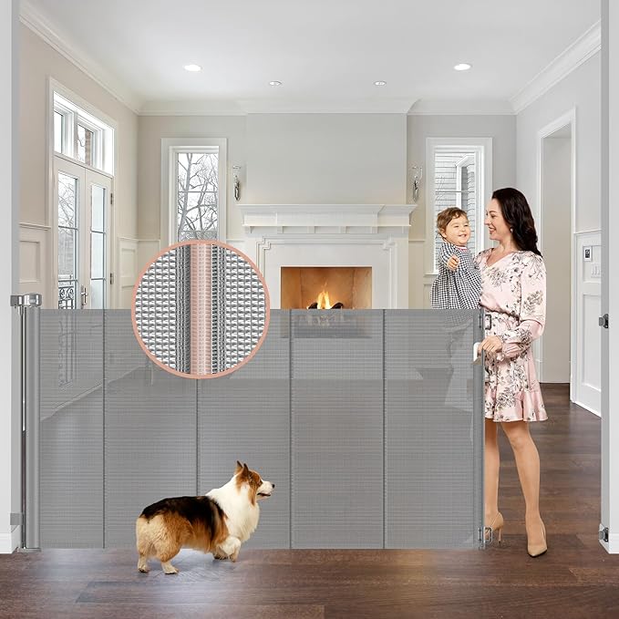 Reinforced 42" Extra Tall x 75" Wide Retractable Baby Gates with Support Rods - Prevent Crawling Under Extra Tall Pet Gate Indoor Mesh Baby Gates for Dogs Outdoor Retractable Gate, Gray
