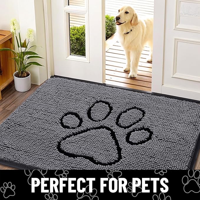 Smiry Dog Door Mat for Muddy Paws, Absorbent Dirt Trapper Non Slip Quick Dry Washable Chenille Mat for Mud Dogs, Entry Rug for Indoor and Outdoor (48x30 Inches, Dark Grey and Black)