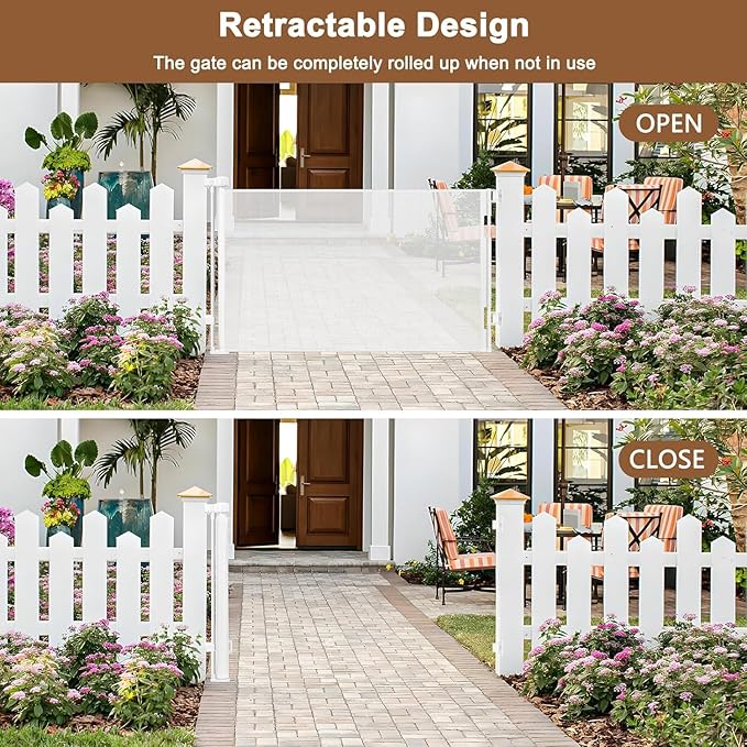Weatherproof Outdoor Retractable Gate for Dogs with No Rust Screws and Rods, 72" Wide Waterproof Outdoor Dog gate, 6 ft Scratch-Resistant Mesh Safety Retractable Baby Gates for Parents and Pet Owners