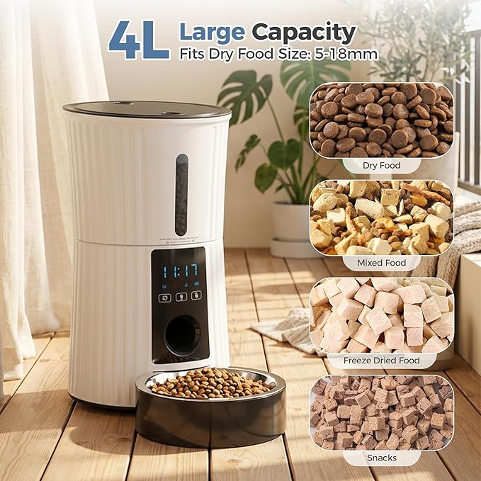 DUMOS Automatic Cat Feeder, 4L Timed Cat Food Dispenser with APP Control, 10s Voice Recorder, Dual Power Supply, 2.4G WiFi Indoor Programmable Pet Feeder with Desiccant for Small Cats and Dogs, White