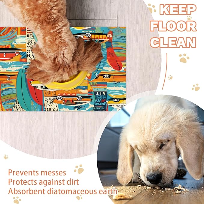 Boho Car Dog Food Mat for Floors Absorbent, Quick Dry Water Dispenser Mat for Food, Water, Pet Supplies 16" x 24", Retro Car