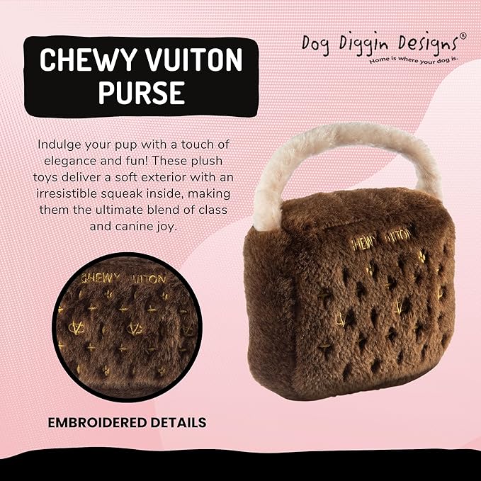 Dog Diggin Designs Chewy Vuiton Plush Dog Toy Purse | Luxury-Inspired Parody Designer Handbag with Squeaker, Soft Plush Fashion Dog Toy – Haute Couture Purses & Handbags