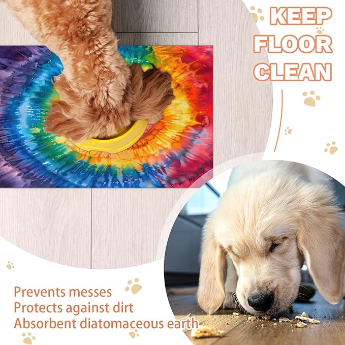 Tie Dye Dog Food Mat for Floors Absorbent, Quick Dry Water Dispenser Mat for Food, Water, Pet Supplies 17" x 30", Colorful Rainbow