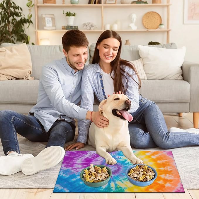 Tie Dye Dog Food Mat for Floors Absorbent, Quick Dry Water Dispenser Mat for Food, Water, Pet Supplies 16" x 24", Colorful Geometric