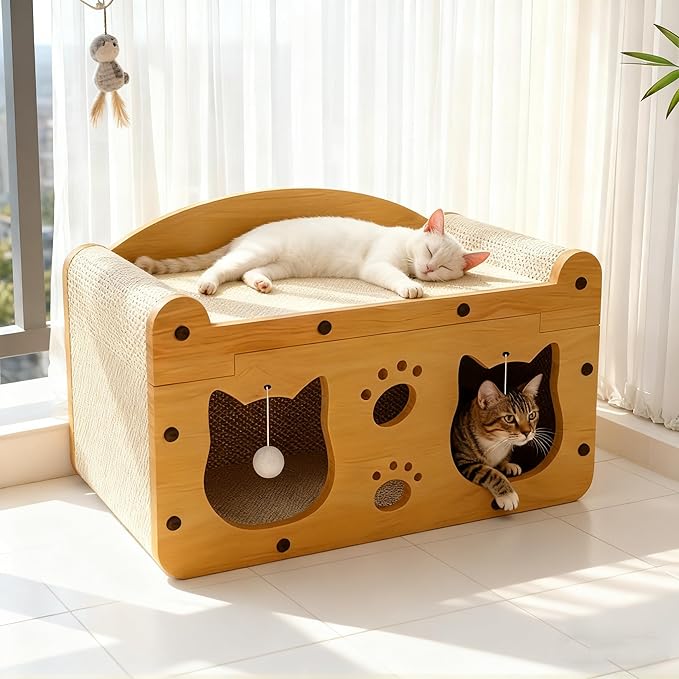 Cat Scratcher House for Indoor Cats, Sturdy MDF Frame 2-in-1 Cat Furniture Lounge Bed & Scratching Post, Large Cardboard Cat Hideaway with Teaser Toy (22.05inch Length Double Doors)
