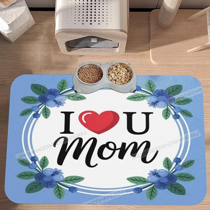 Non Slip Mat for Dog Pet Cat Dog Food Mats Happy Mother's Day Floral Gift for Mom Blueberry Water Bowl Mat Quick Dry Absorbent Cat Feeding Mats 24x16In