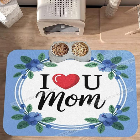 Non Slip Mat for Dog Pet Cat Dog Food Mats Happy Mother's Day Floral Gift for Mom Blueberry Water Bowl Mat Quick Dry Absorbent Cat Feeding Mats 24x16In
