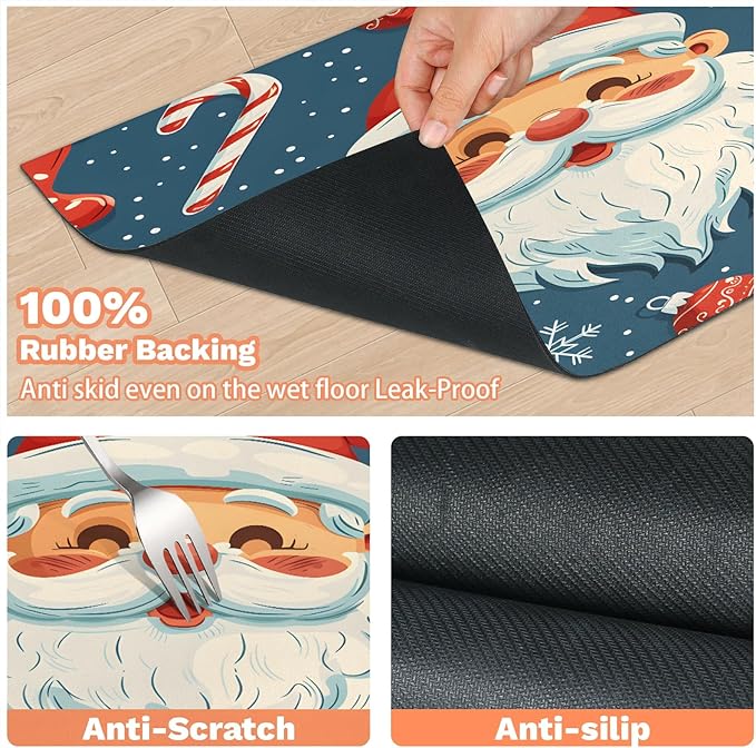 Santa Claus Dog Food Mat for Floors Absorbent, Quick Dry Water Dispenser Mat for Food, Water, Pet Supplies 12" x 20", Christmas Holly