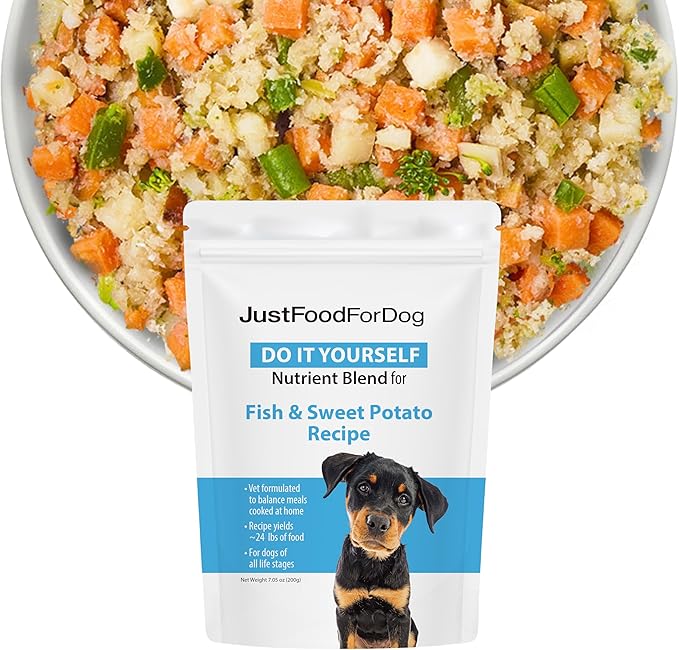 Just Food for Dogs Nutrient Blend, Vitamins and Supplements for Homemade Dog Food, Fish and Sweet Potato, DIY Fresh Pet Meals and Toppers, Human Grade Quality, Dog Multivitamin Additive, 4.55oz
