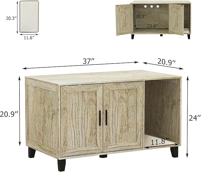 TaoHFE Hidden Cat Litter Box Enclosure Furniture with Cats Scratch Pad Farmhouse Enclosed Cat Litter Boxes Cabinet Furniture with Doors Wooden Indoor Cats Box House,Oak
