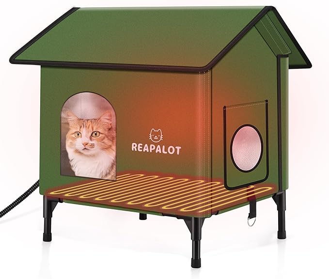 REAPALOT Heated Cat House for Outside Cat in Winter, Insulated Outdoor Feral Cat Shelter with Cat Heating Pad, Elevated Heated Kitty House for Multiple Cats (Green, M(20"x17.5"x23.6"))