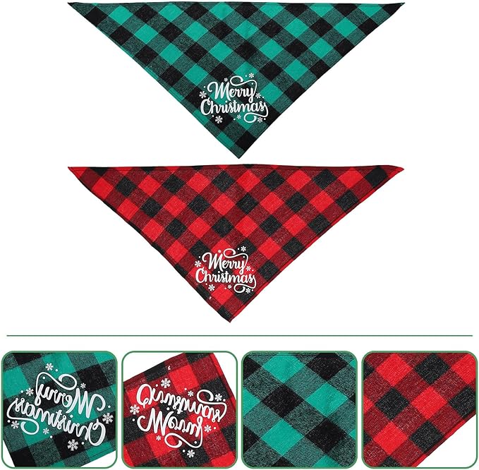 HOMSFOU Christmas Plaid Dog Bandanas 2pcs, Triangle Pet Scarves with Holiday Print, Festive Red and Green Cotton Blend, Christmas Supplies for Dogs and Puppies