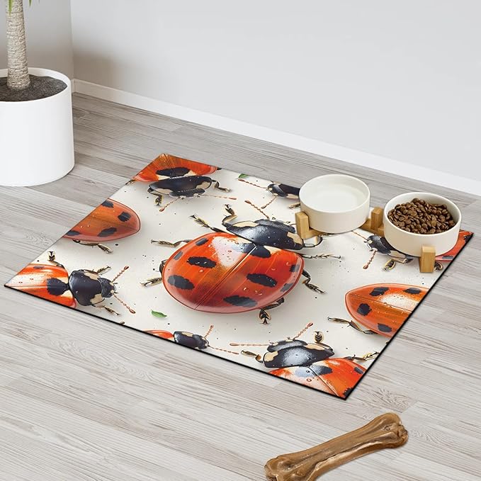 Cute Ladybird Dog Food Mat for Floors Absorbent, Quick Dry Water Dispenser Mat for Food, Water, Pet Supplies 17" x 30", Black Red Ladybird
