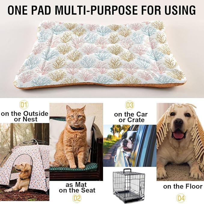 Dog Bed for Crate Washable Pet Sleep Pad, Coral Print Kennel Mat with Non-Slip Bottom, Soft Fluffy Supplies Pet for Dogs and Cats (36x24 inch)