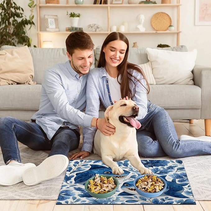 Funny Shark Dog Food Mat for Floors Absorbent Dog Bowl Mat for Food and Water Dispenser Quick Dry Cat Food Placemat Pet Supplies 24" x 32", Coastal Nautical