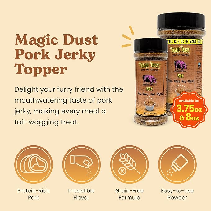 Wild Meadow Farms - Magic Dust Pork Jerky Topper, Single Protein Pet Food Topper for Dogs & Cats, Enhance Flavor & Elevate Mealtime Excitement for Picky Eaters - 3.5 Ounce Bottle in Pork Flavor