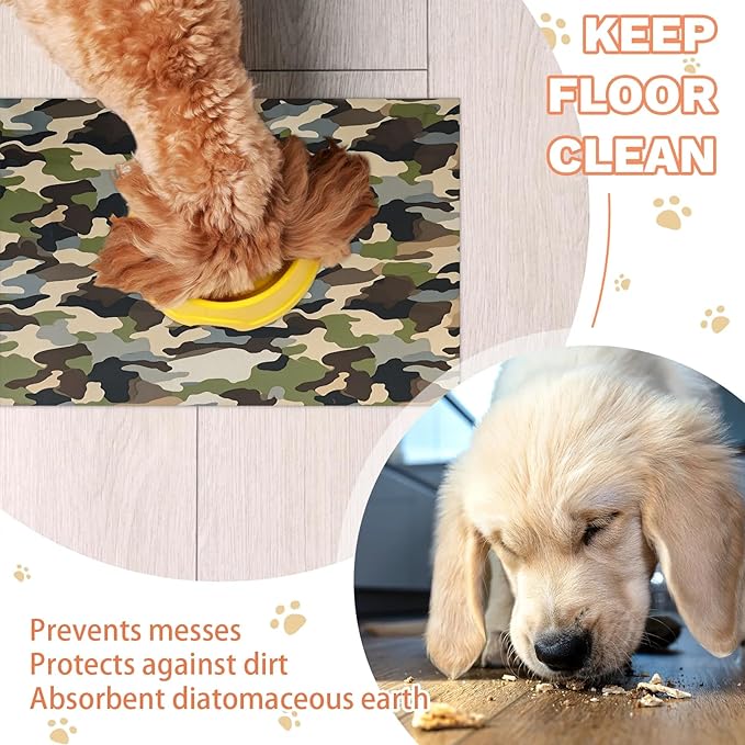 Green Camouflage Dog Food Mat for Floors Absorbent Dog Bowl Mat for Food and Water Dispenser Quick Dry Cat Food Placemat Pet Supplies 24" x 32", Woodland Camo