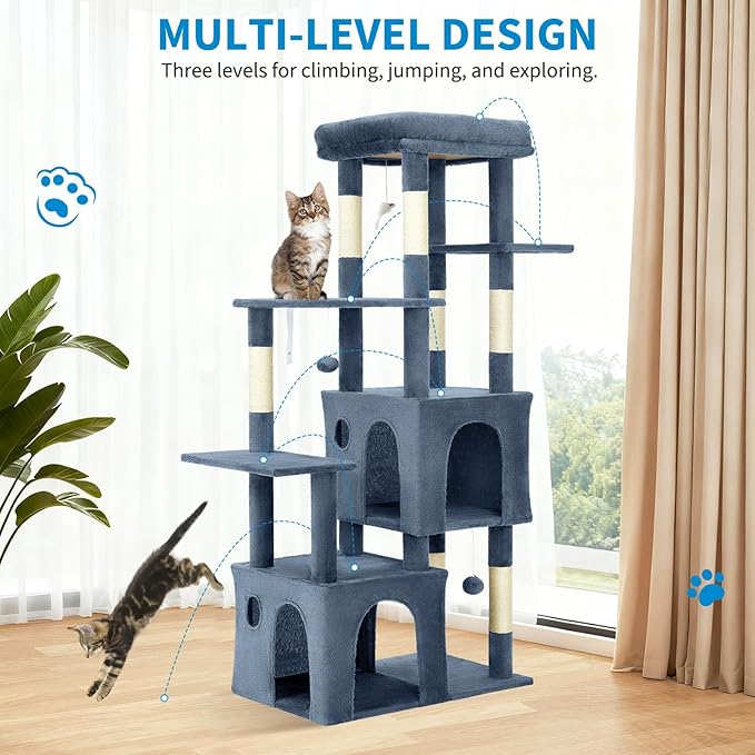 GarveeLife 61" Multi-Level Cat Tree for Indoor Cats, Heavy-Duty Tower for Large Adult & Maine Coon Cats with Oversized Perch, Dual Condos, Natural Sisal Scratching Posts & Play Toys – Light Blue