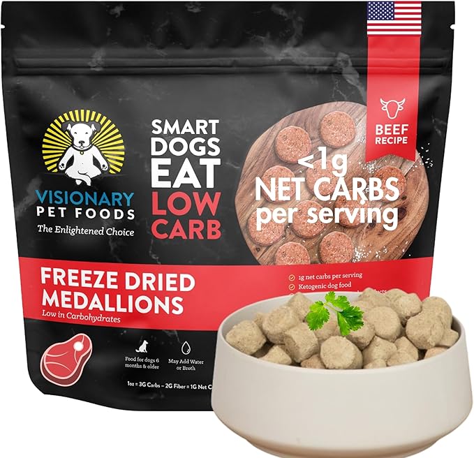 Visionary Pet Foods Low Carb Keto Dry Dog Food – Freeze Dried Raw Real Beef, <1g Net Carbs Per Cup, Grain Free High Protein, Diabetic Friendly, Natural Dog Food Made in USA, 25 oz