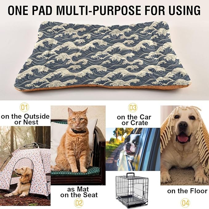 Dog Bed for Crate Washable Pet Sleep Pad, Kanagawa Reimagined Kennel Mat with Non-Slip Bottom, Soft Fluffy Supplies Pet for Dogs and Cats (24x18 inch)