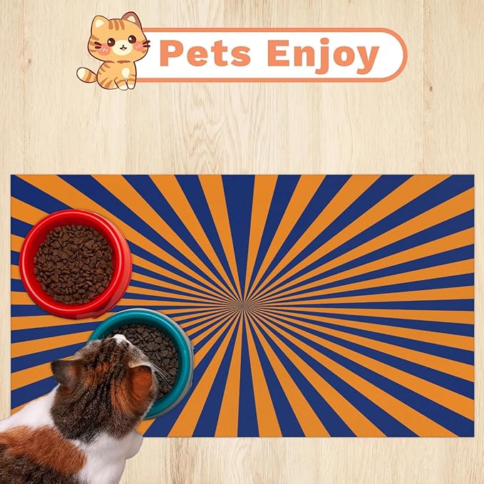 Striped Dog Food Mat for Floors Absorbent, Quick Dry Water Dispenser Mat for Food, Water, Pet Supplies 24" x 32", Blue Yellow