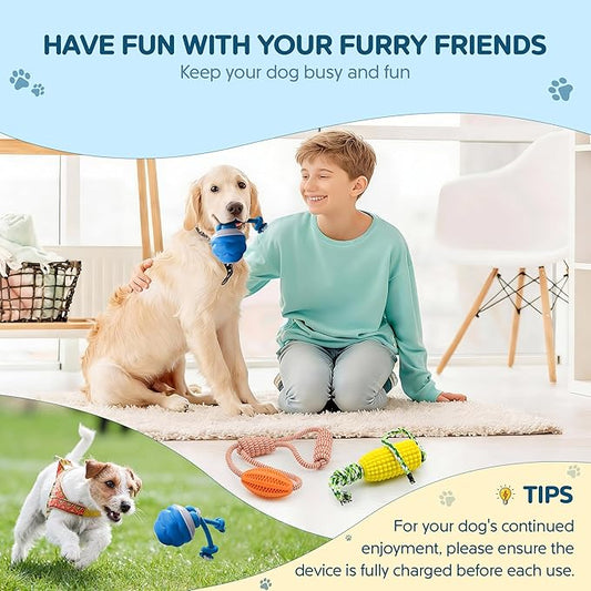Dog Toy Bundle,3 Pack Interactive Balls,Automatic Moving&Rolling Dog Ball with RC+Chew Corn Toy+Chew Rope Toy,Moving Ball with USB Rechargeable