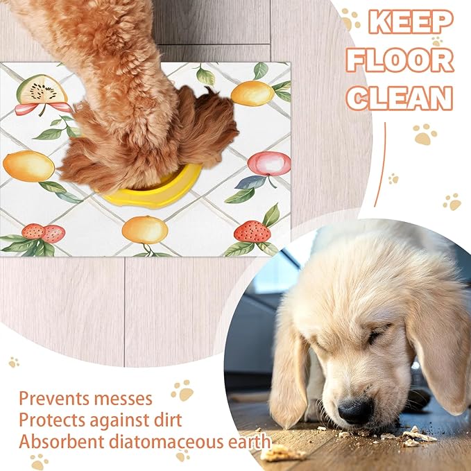 Cute Bow Dog Food Mat for Floors Absorbent Dog Bowl Mat for Food and Water Dispenser Quick Dry Cat Food Placemat Pet Supplies 16" x 24", Bow Lemon Strawberry
