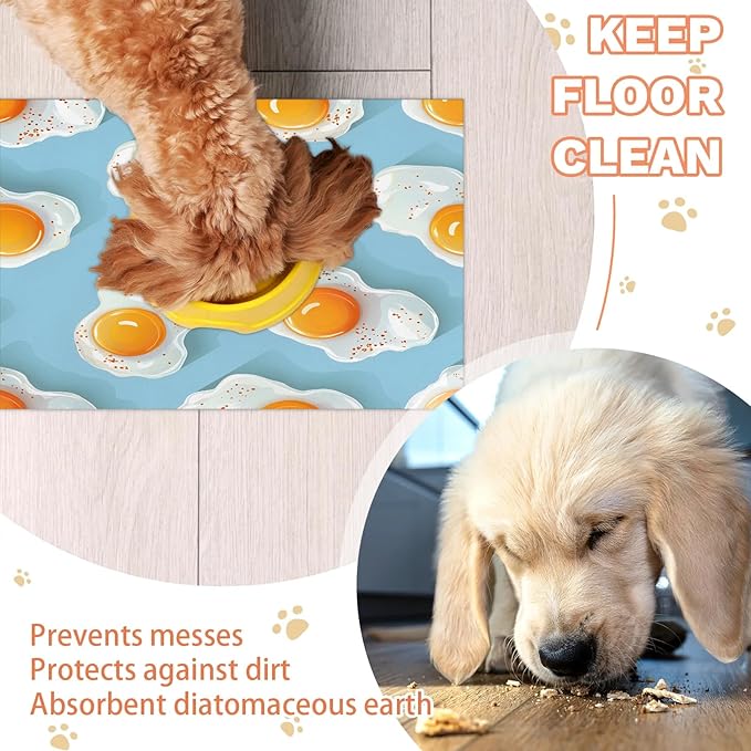 Cartoon Eggs Dog Food Mat for Floors Absorbent Dog Bowl Mat for Food and Water Dispenser Quick Dry Cat Food Placemat Pet Supplies 17" x 30",