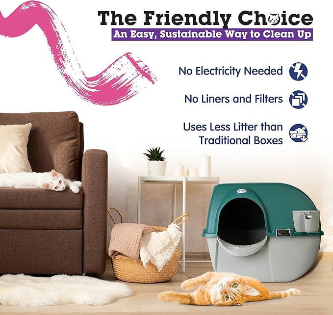 Omega Paw Premium Roll 'N Clean Self Cleaning Litter Box with Integrated Litter Step and Unique Sifting Grill, Regular Size, Forest Green