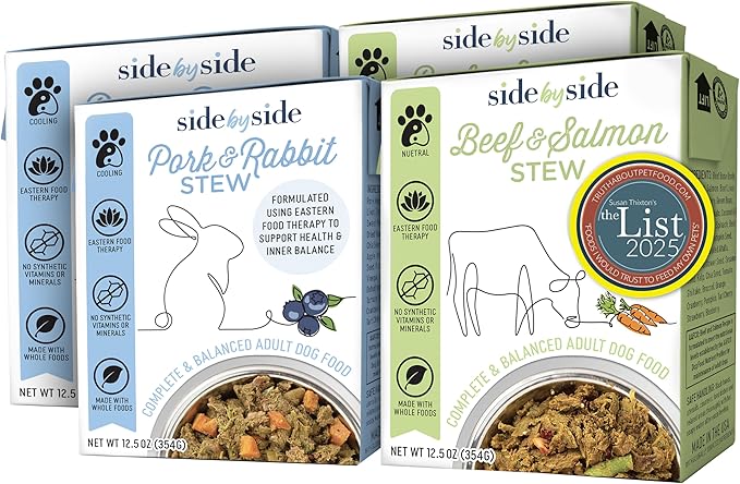 Side by Side Pork & Rabbit | Beef & Salmon Stew - Wet Dog Food & Dog Food Topper - Made with Nutrients & Whole Raw Ingredients - Human-Grade, No Artificial Additives or Fillers (12.5 oz, 4-Pack)