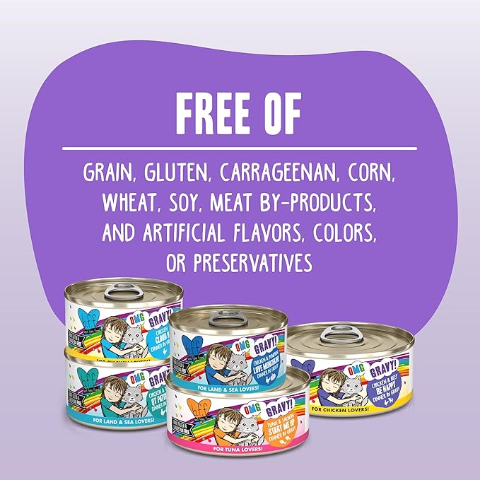 Weruva B.F.F. OMG - Best Feline Friend Oh My Gravy! Cupid's Crush Natural Grain-Free Wet Cat Food Variety Pack, 2.8oz Can (Pack of 18)