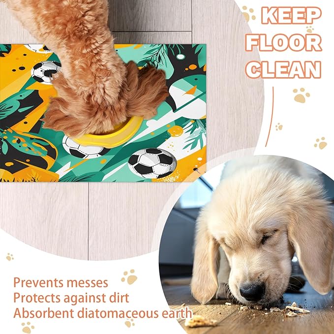 Sports Soccer Dog Food Mat for Floors Absorbent, Quick Dry Water Dispenser Mat for Food, Water, Pet Supplies 17" x 30", Football Theme