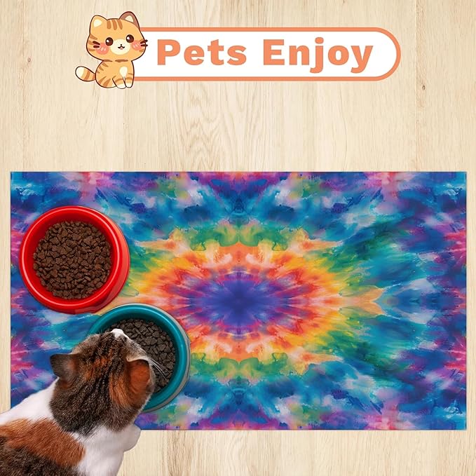 Tie Dye Dog Food Mat for Floors Absorbent, Quick Dry Water Dispenser Mat for Food, Water, Pet Supplies 24" x 32", Watercolor Mandala