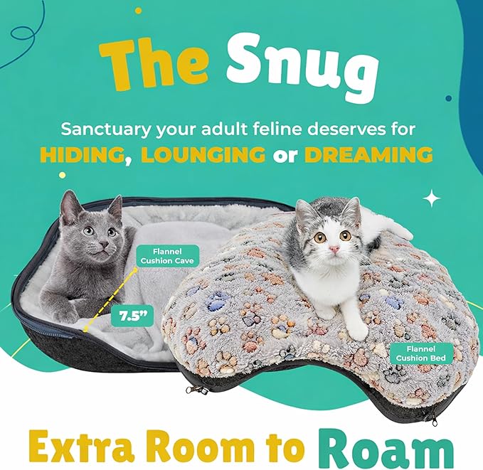RINGTAIL Peekaboo Cat Cave Donut for Multiple & Large Cats Up to 30-45 lb, 3-in-1 Self Warming Cat Bed Tunnel with 2 Soft Fluffy Fleece Pet Blankets, Scratch, Detachable & Washable (Dark Gray, Large)