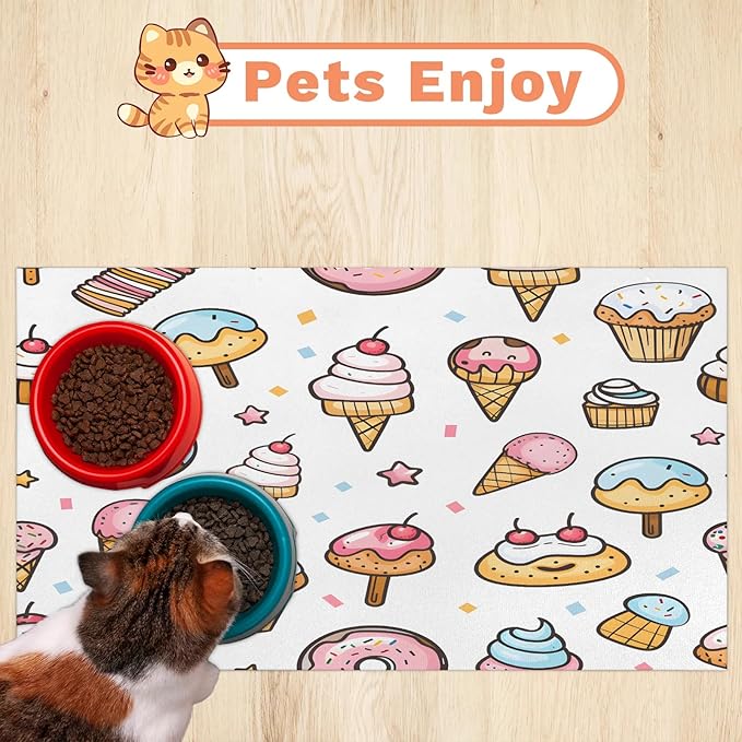 Ice Cream Dog Food Mat for Floors Absorbent Dog Bowl Mat for Food and Water Dispenser Quick Dry Cat Food Placemat Pet Supplies 24" x 32", Boho Cake