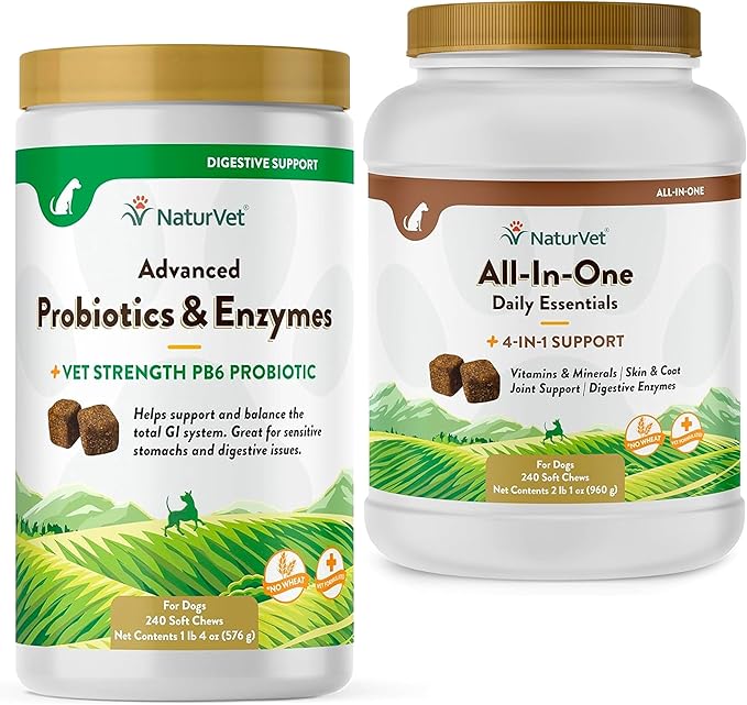 NaturVet – Advanced Probiotics & Enzymes – Supports and Balances Pets with Sensitive Stomachs – 240 ct & All-in-One Dog Supplement - for Joint Support, Digestion, Skin, Coat Care – 240 Soft Chews