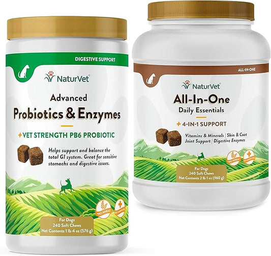 NaturVet – Advanced Probiotics & Enzymes – Supports and Balances Pets with Sensitive Stomachs – 240 ct & All-in-One Dog Supplement - for Joint Support, Digestion, Skin, Coat Care – 240 Soft Chews