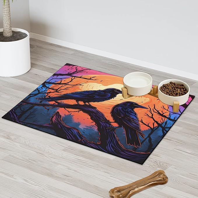 Halloween Raven Dog Food Mat for Floors Absorbent, Quick Dry Water Dispenser Mat for Food, Water, Pet Supplies 12" x 20", Moon Night