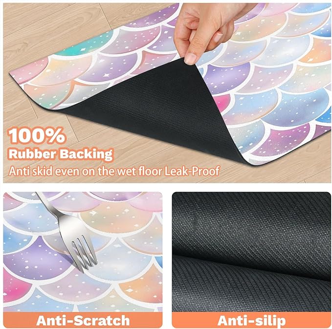 Mermaid Scale Dog Food Mat for Floors Absorbent Dog Bowl Mat for Food and Water Dispenser Quick Dry Cat Food Placemat Pet Supplies 17" x 30", Pink Purple Glitter