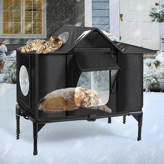 Outdoor Cat House, Weatherproof Insulated Feral Cat Houses for Outdoor Cats, Safe Escape Door, Cat House for Outside, Out Door Stray Cat Shelter with Elevated Base, Cat Houses & Condos(Large)