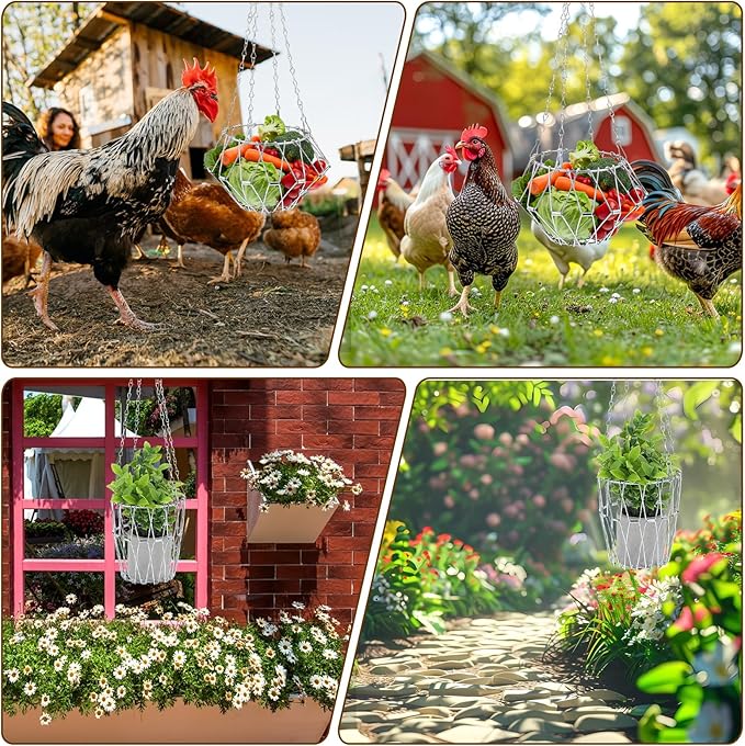 2 Pack Hanging Chicken Feeder, 9.2IN Large Foldable Chicken Treat Dispenser Vegetable and Fruit Food Utensils Basket,Sack Coop Rabbit Hens Duck Poultry Bowl with 4pcs Hanging Chain