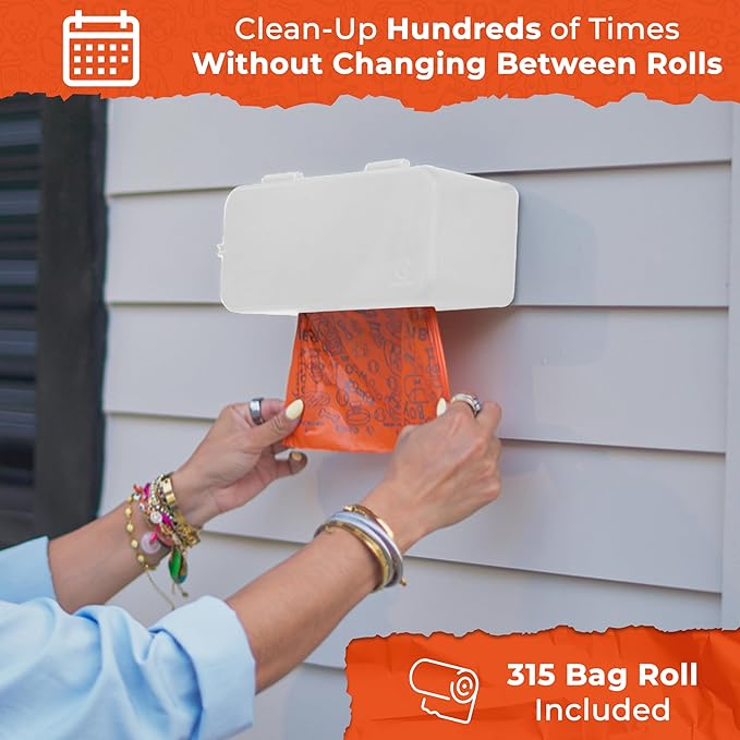 Large Roll Dog Poop Bag Dispenser - Outdoor or Indoor Pet Waste Bag Dispenser Station - Stick-On or Screw-On Wall Mount - Poop Bags Storage Outdoor Container - Includes 315 Bag Large Roll (White)