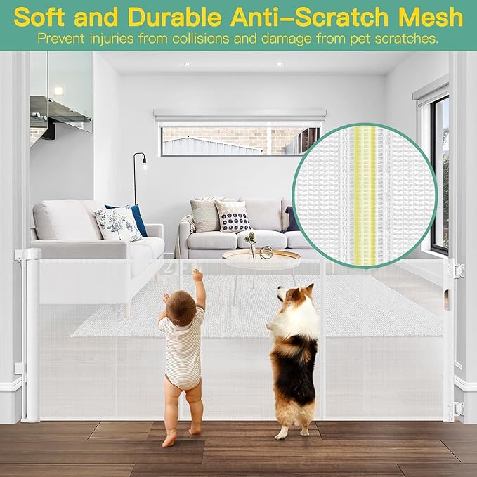 Reinforced 60" Wide Retractable Baby Gate with Reinforced Rods, 5 ft Retractable Dog Gate Indoor/Outdoor Baby Gate Retractable Gate - Bottom Anti-Escape, White