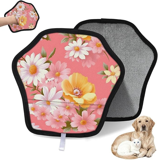 Reusable Pet Hair Removal Glove Daisy Blooming Floral Magic Brush for Cat & Dog Hair Remover for Car, Sofa, Bedding, Clothes - 9x9 Mitt Washable