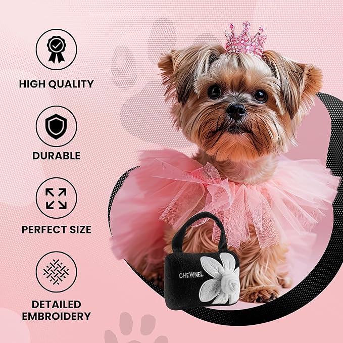 Dog Diggin Designs Chewnel Fleur Blanche Plush Dog Toy Purse | Luxury-Inspired Parody Designer Floral Handbag with Squeaker, Soft Plush Fashion Dog Toy – Haute Couture Purses & Handbags