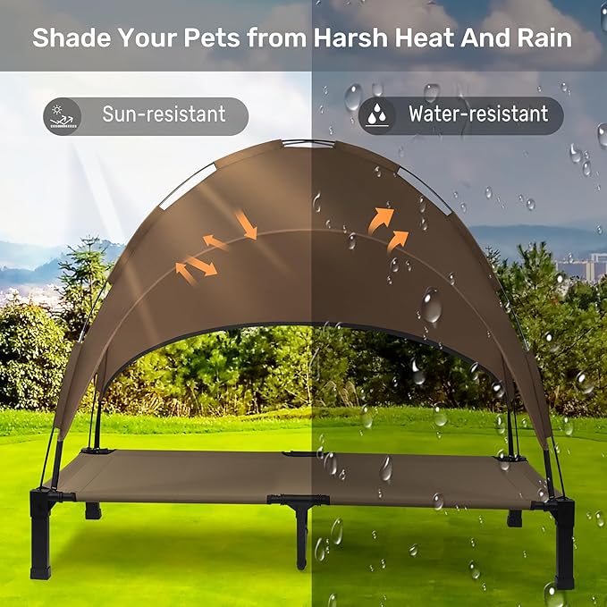 Heeyoo Elevated Dog Bed with Canopy, Portable Dog Cot with Removable Shade Tent, Outdoor Raised Pet Cot Cooling Bed for Dogs
