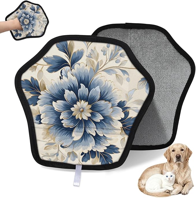 Reusable Pet Hair Removal Glove Elegant Flower Magic Brush for Cat & Dog Hair Remover for Car, Sofa, Bedding, Clothes - 9x9 Mitt Washable